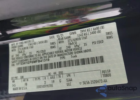 2021 Ford F-150 Xlt из США, поврежденный, VIN 1FTEW1EP8MFB41319